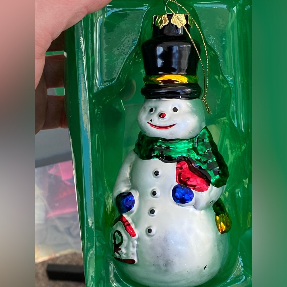 Festive Snowman Ornament with Black Hat and Green Scarf